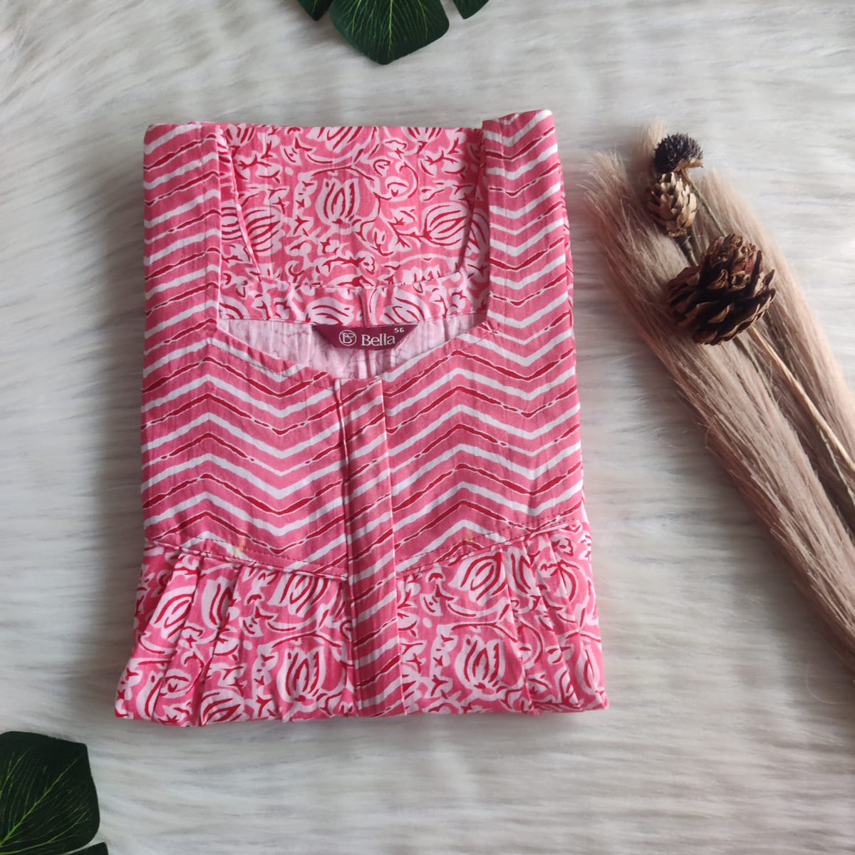 Peach And White Printed Premium Cotton Square Neck Pleated Nighty | Free Size | Chest Width 44″| Length 55″-56″