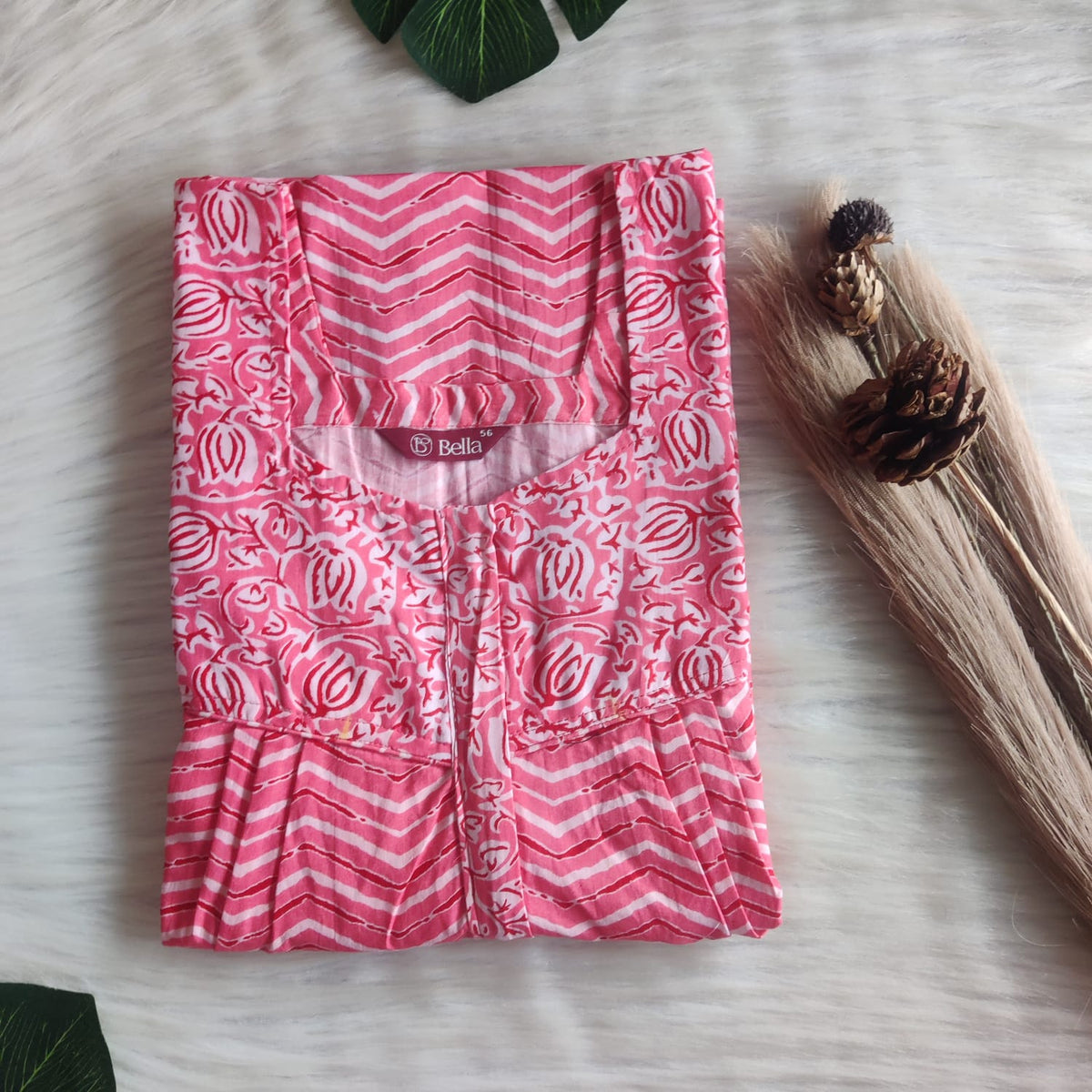 White And Peach Printed Premium Cotton Square Neck Pleated Nighty | Free Size | Chest Width 44″| Length 55″-56″