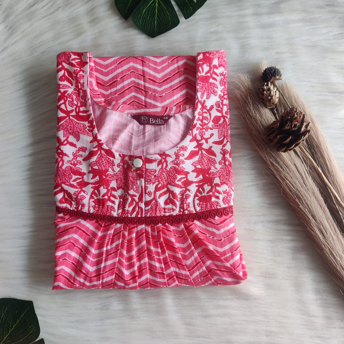 White And Peach Zig-Zag Premium Cotton Lace Nighty | Free Size | Chest Width 44″| Length 54″-56″