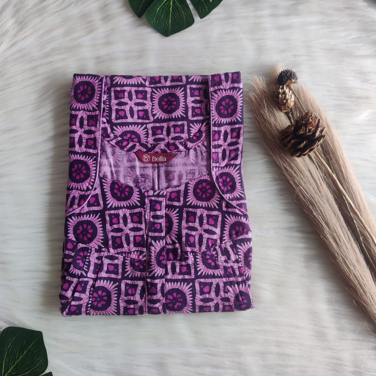 Purple Floral Printed Premium Cotton Pleated Zip Nighty | Free Size | Chest Width 44″| Length 54″-55″