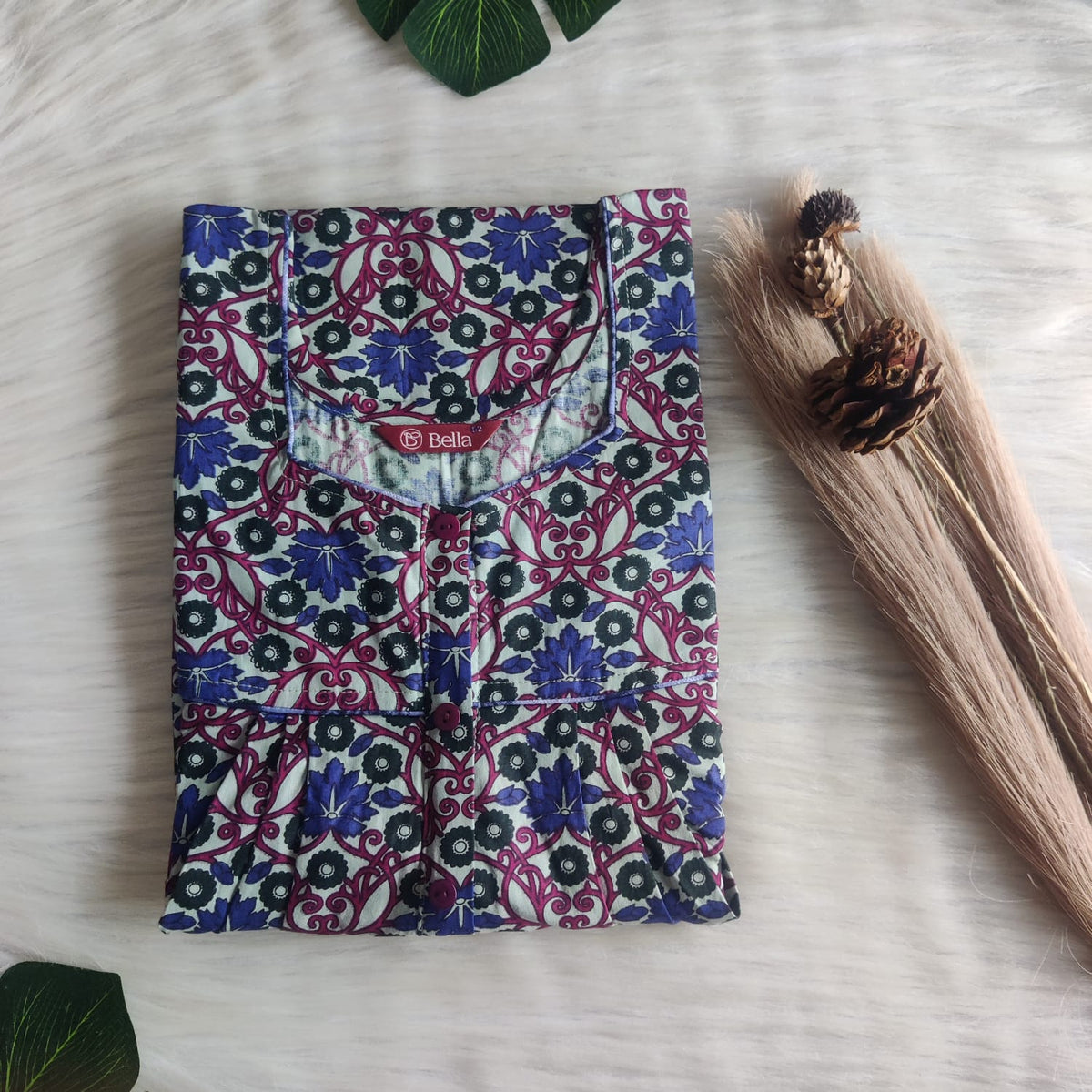 Green And Blue Floral Printed Premium Cotton Button Zip Nighty | Free Size | Chest Width 44″| Length 55″-56″