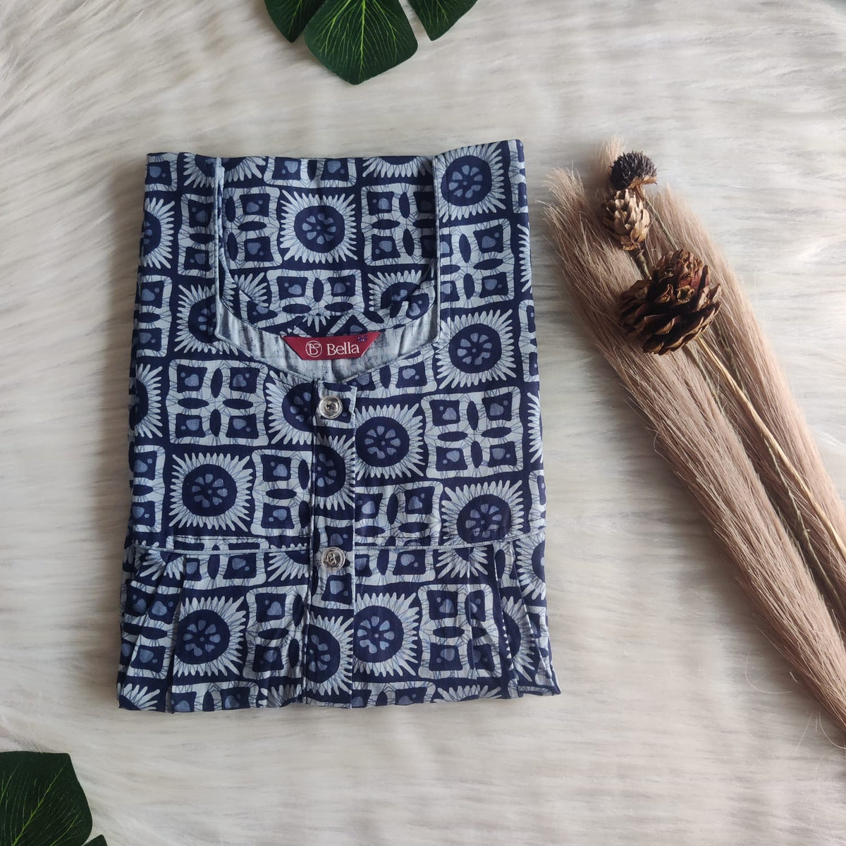 Dark And Pale Blue Floral Printed Premium Cotton Button Zip Nighty | Free Size | Chest Width 44″| Length 55″-56″