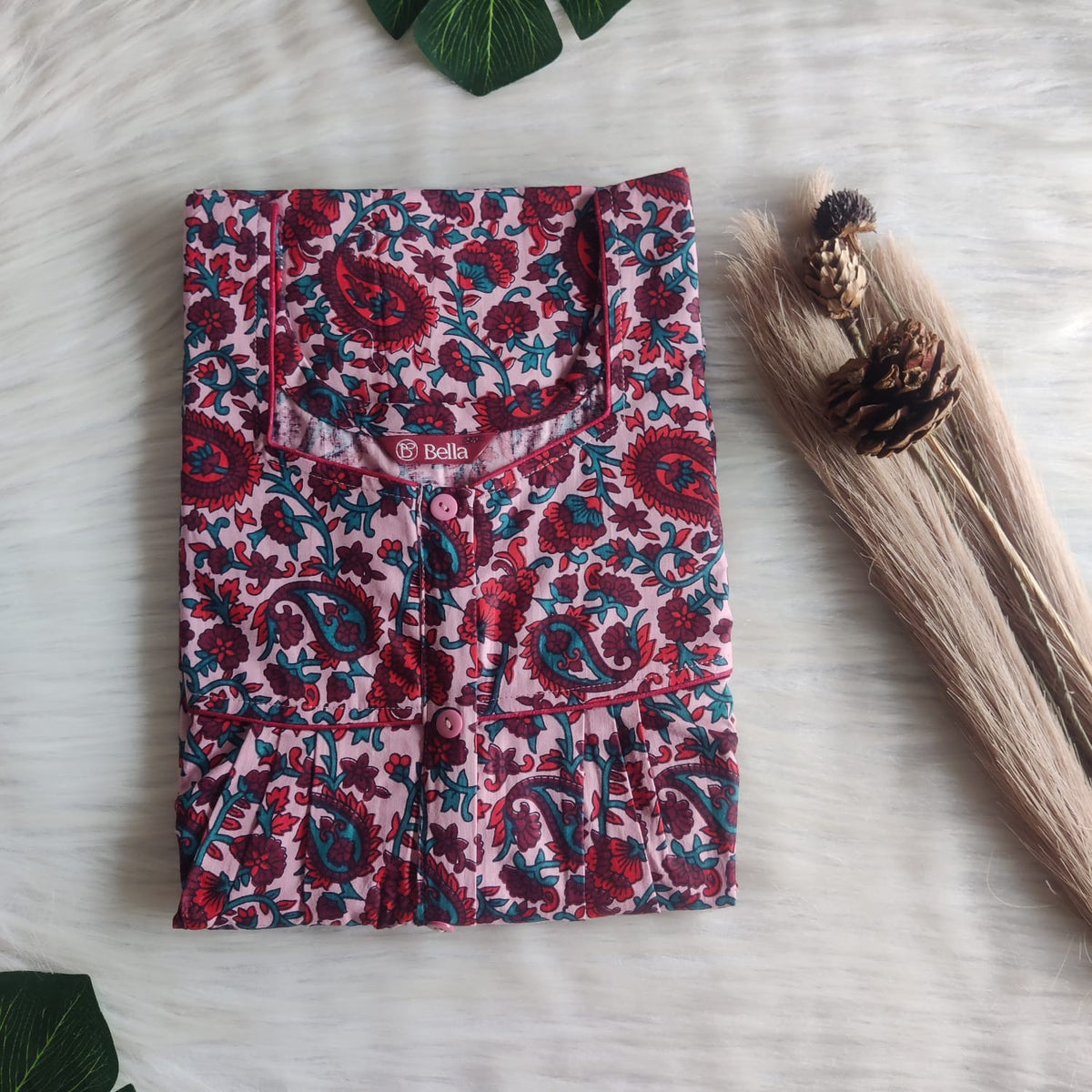 Red And Green Kalamkari Printed Premium Cotton Button Zip Nighty | Free Size | Chest Width 44″| Length 55″-56″