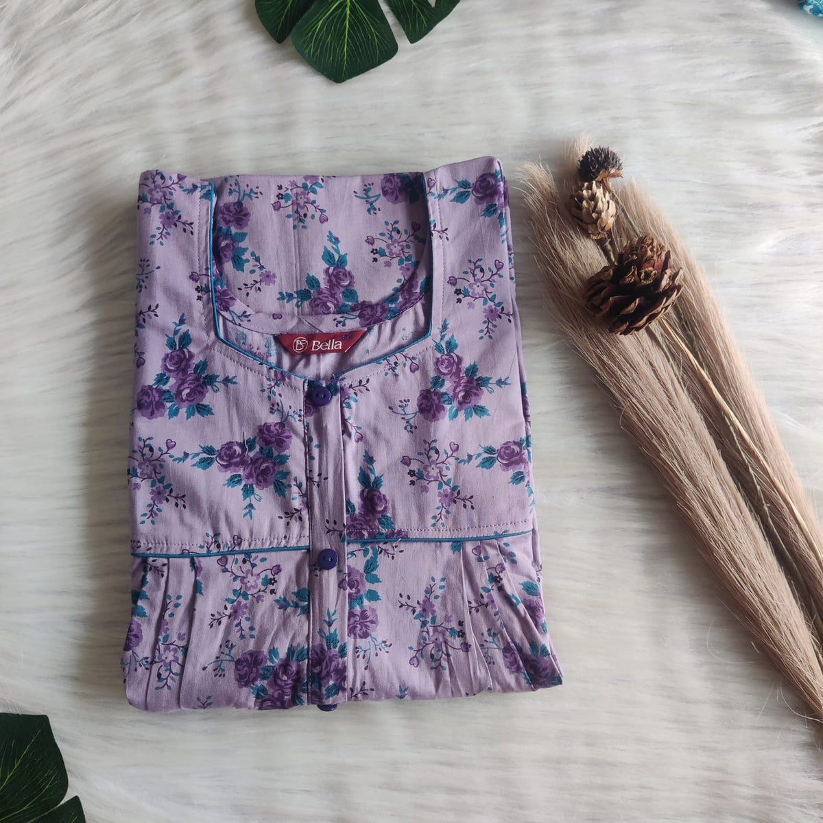 Pastel Purple Floral Printed Premium Cotton Button Zip Nighty | Free Size | Chest Width 44″| Length 55″-56″