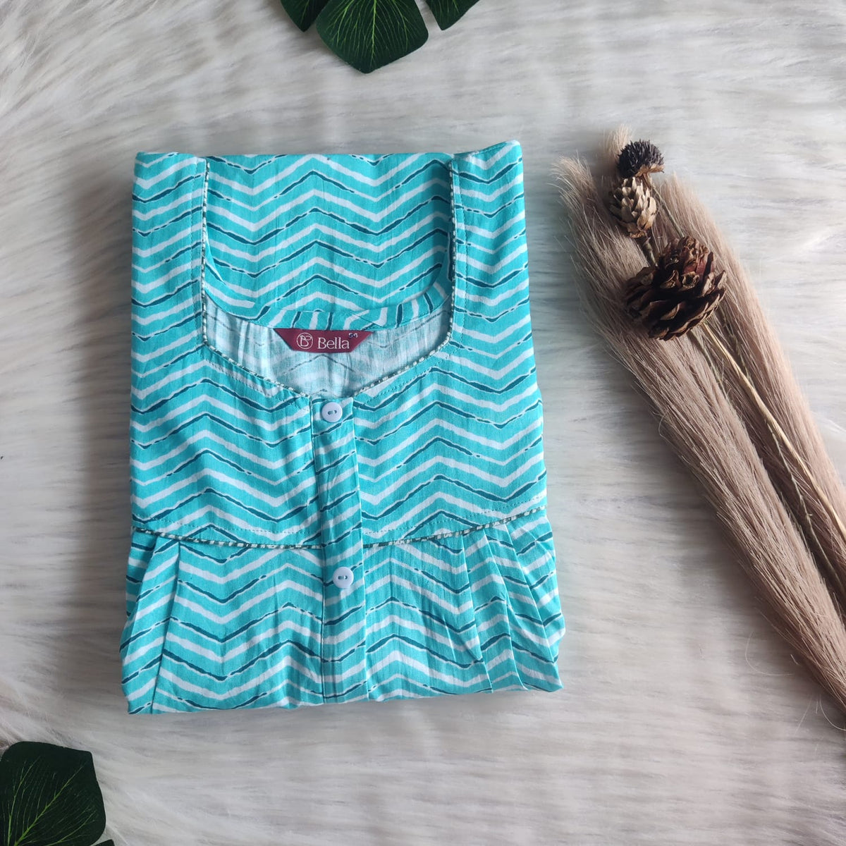 Blue And White Zig-Zag Printed Premium Cotton Button Zip Nighty | Free Size | Chest Width 44″| Length 55″-56″