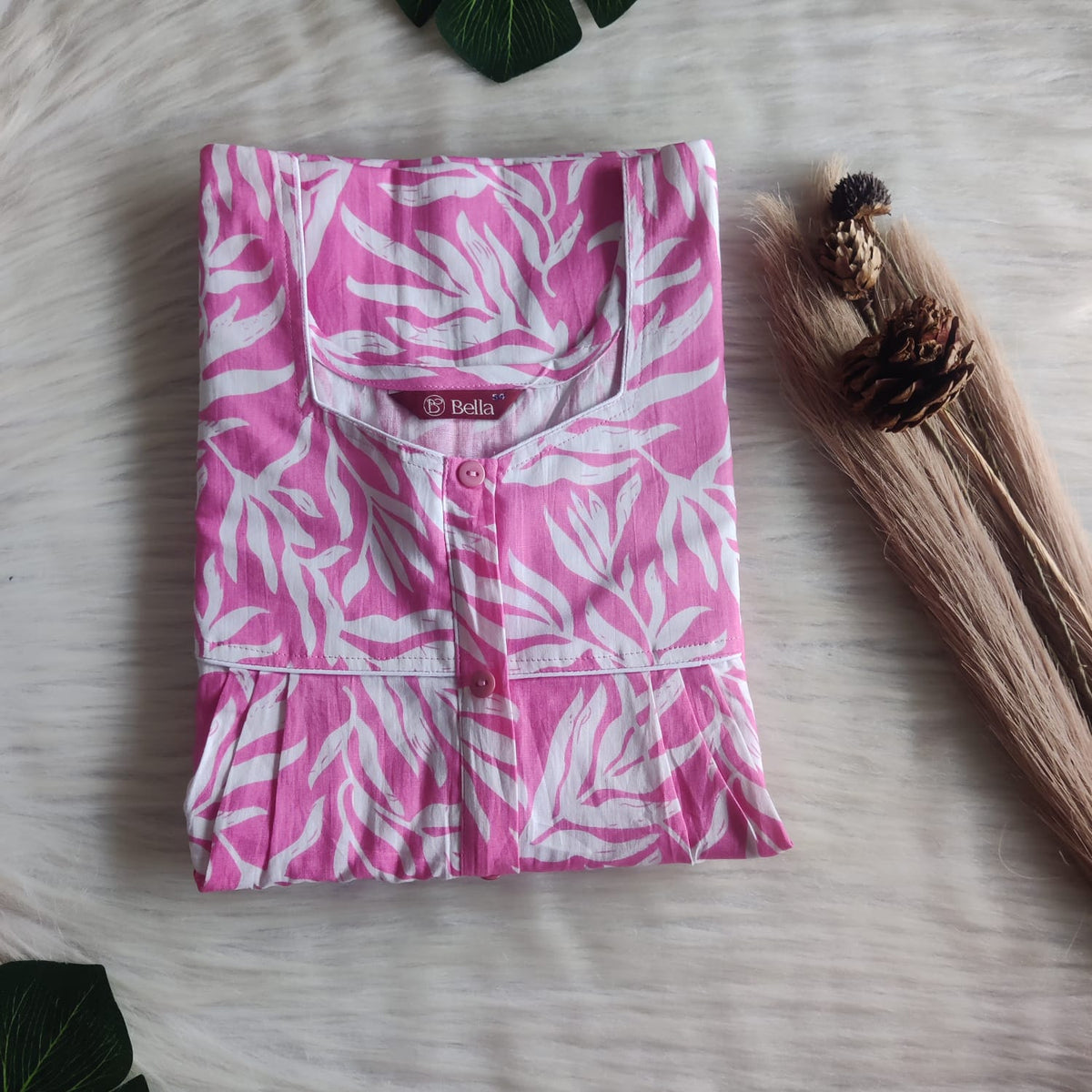 Pink And White Leaf Printed Premium Cotton Button Zip Nighty | Free Size | Chest Width 44″| Length 55″-56″
