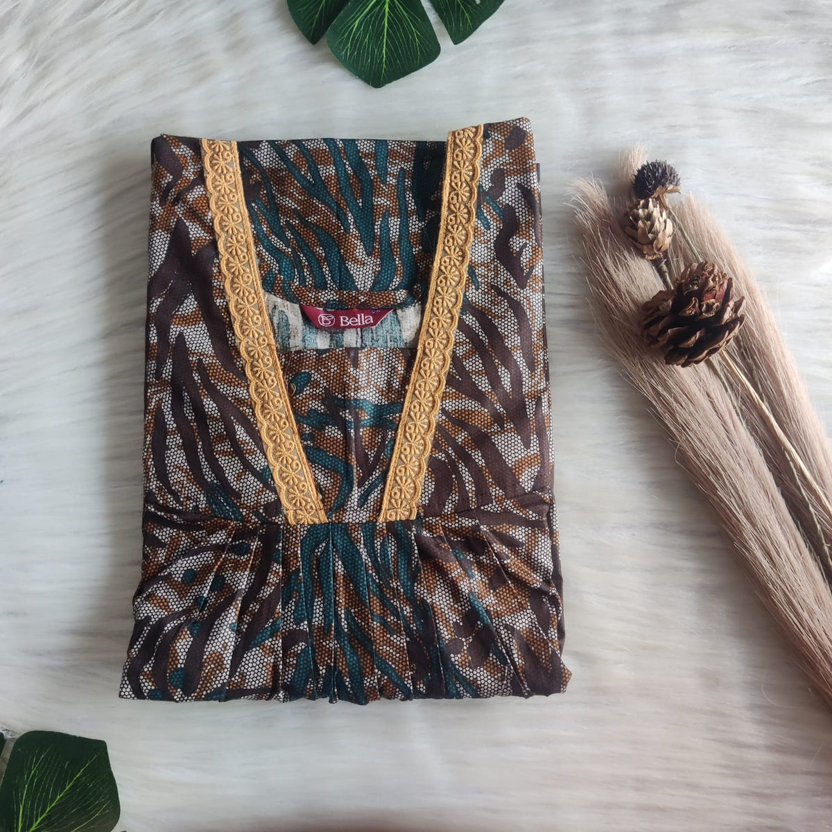 Green And Brown Printed Premium Cotton V-Neck Lace Pleated Nighty | No Zip | Free Size | Chest Width 44″| Length 56″