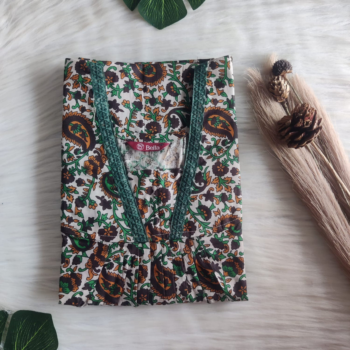 Brown And Green Printed Premium Cotton V-Neck Lace Pleated Nighty | No Zip | Free Size | Chest Width 44″| Length 56″
