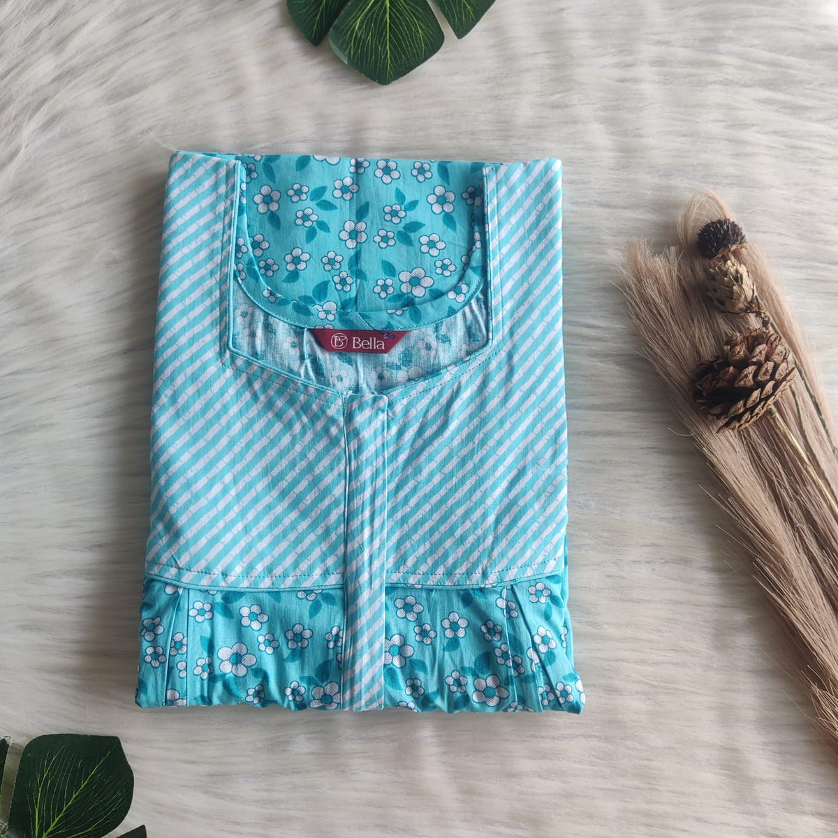 White And Blue Floral Printed Premium Cotton Pleated Vertical Zip Feeding Nighty | Free Size | Chest Width 44″| Length 54″-56″