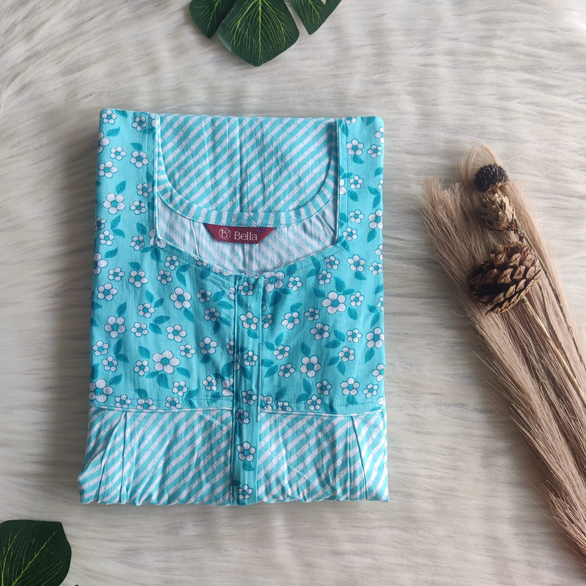 Blue And White Stripes Printed Premium Cotton Pleated Vertical Zip Feeding Nighty | Free Size | Chest Width 44″| Length 54″-56″