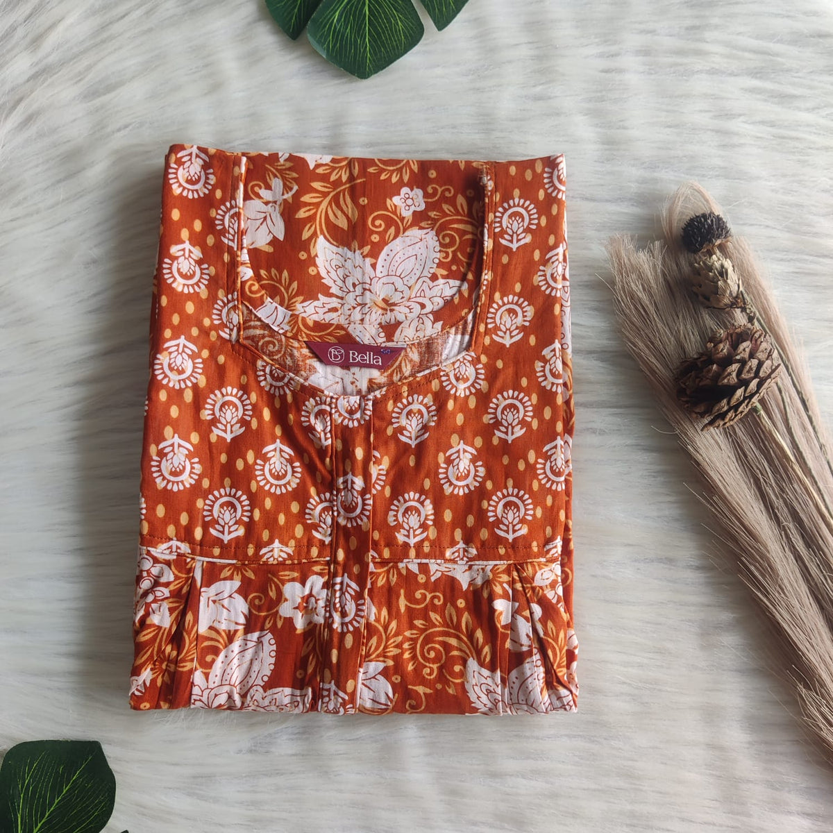 Brown And White Floral Printed Premium Cotton Pleated Vertical Zip Feeding Nighty | Free Size | Chest Width 44″| Length 54″-56″