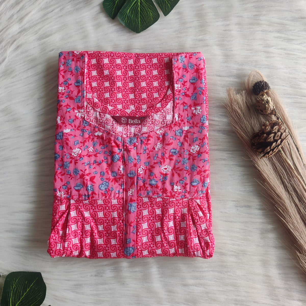 Blue And Peach Printed Premium Cotton Pleated Vertical Zip Feeding Nighty | Free Size | Chest Width 44″| Length 54″-56″
