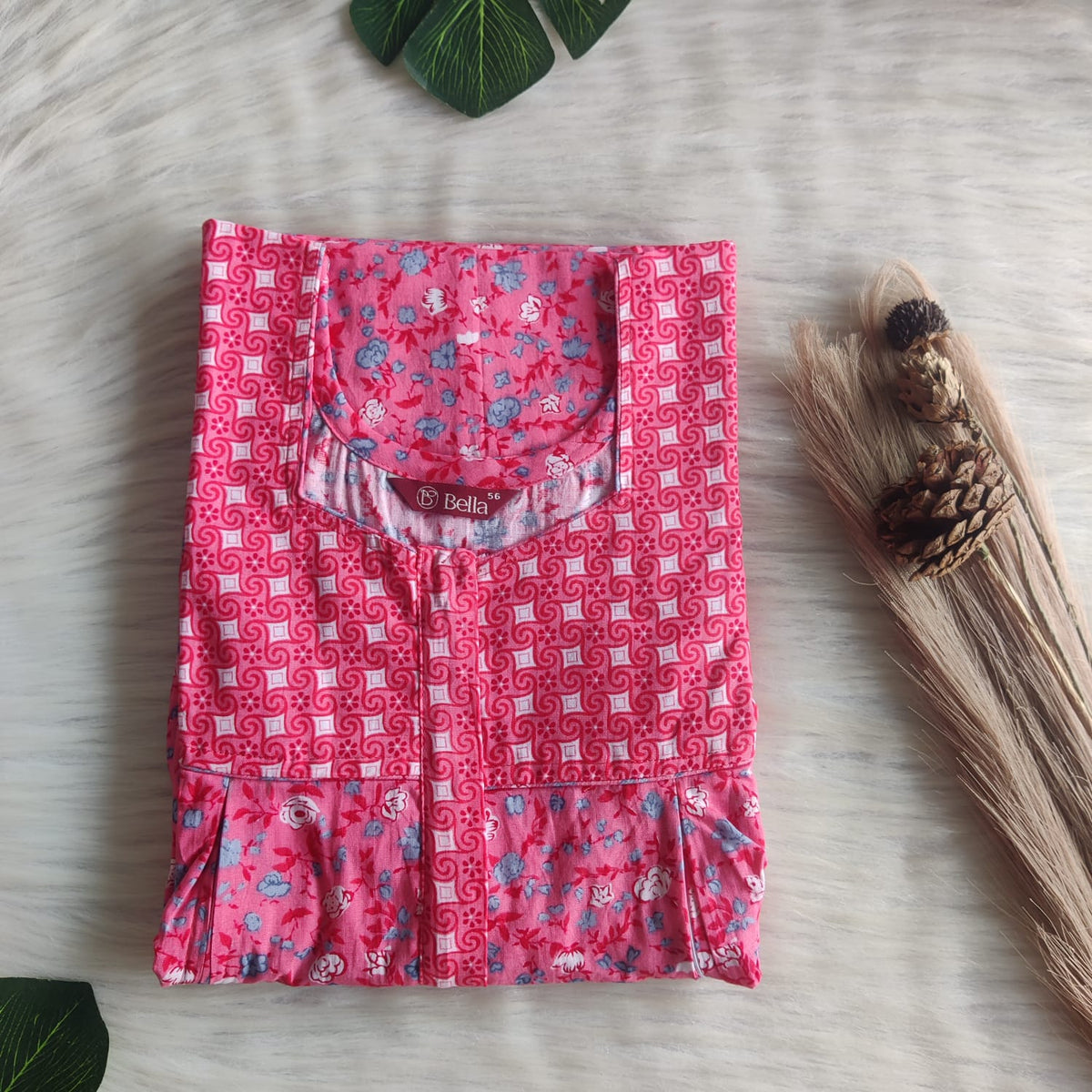 Peach And Blue Printed Premium Cotton Pleated Vertical Zip Feeding Nighty | Free Size | Chest Width 44″| Length 54″-56″