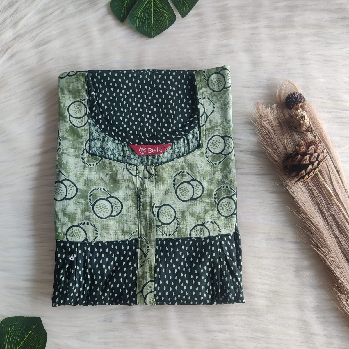 Pale And Dark Green Printed Premium Cotton Pleated Vertical Zip Feeding Nighty | Free Size | Chest Width 44″| Length 54″-56″