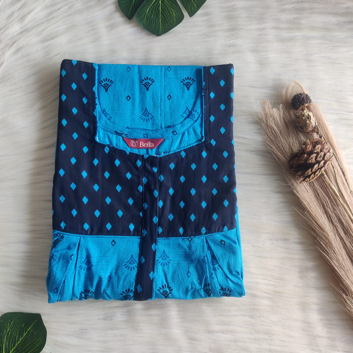 Dark And Pale Blue Printed Premium Cotton Pleated Vertical Zip Feeding Nighty | Free Size | Chest Width 44″| Length 54″-56″