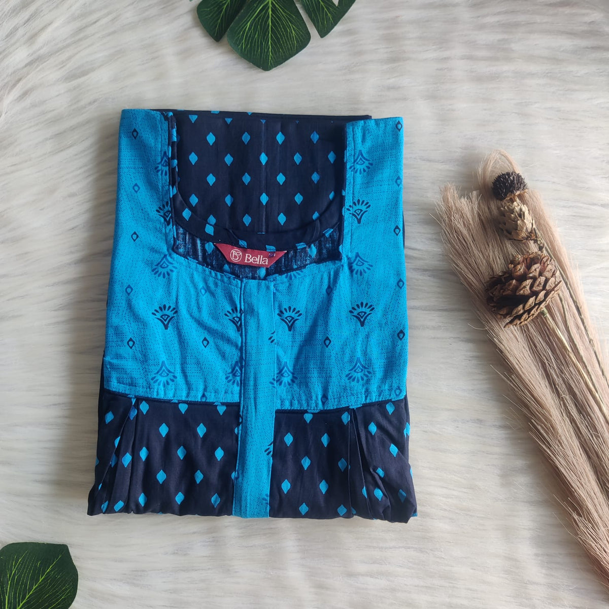 Pale And Dark Blue Printed Premium Cotton Pleated Vertical Zip Feeding Nighty | Free Size | Chest Width 44″| Length 54″-56″