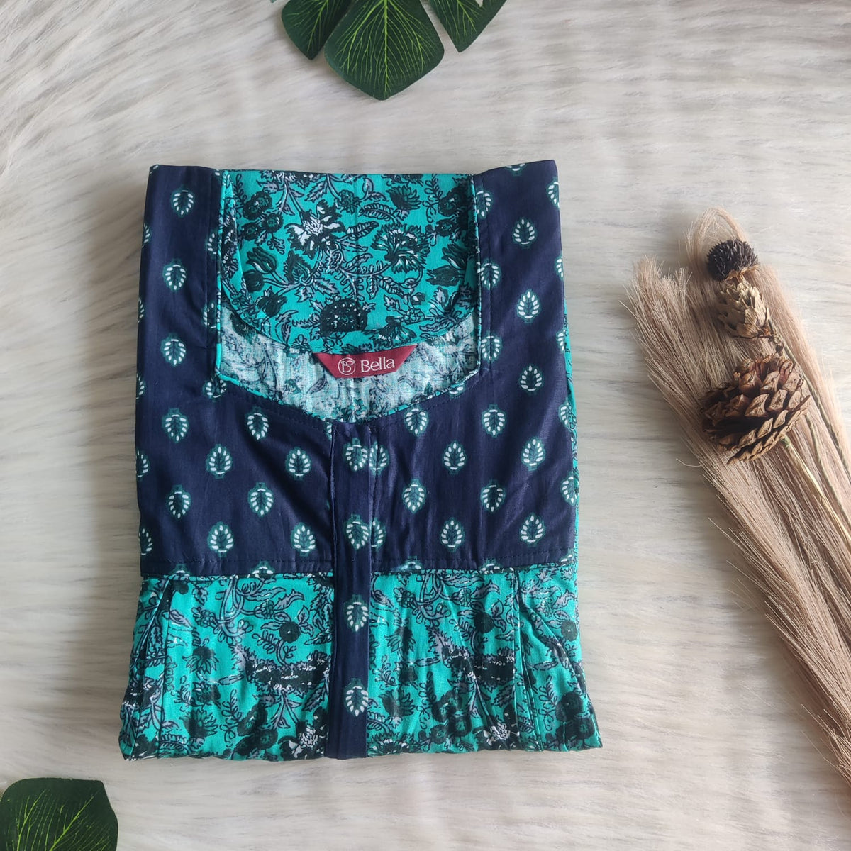 Navy Blue And Green Printed Premium Cotton Pleated Vertical Zip Feeding Nighty | Free Size | Chest Width 44″| Length 54″-56″
