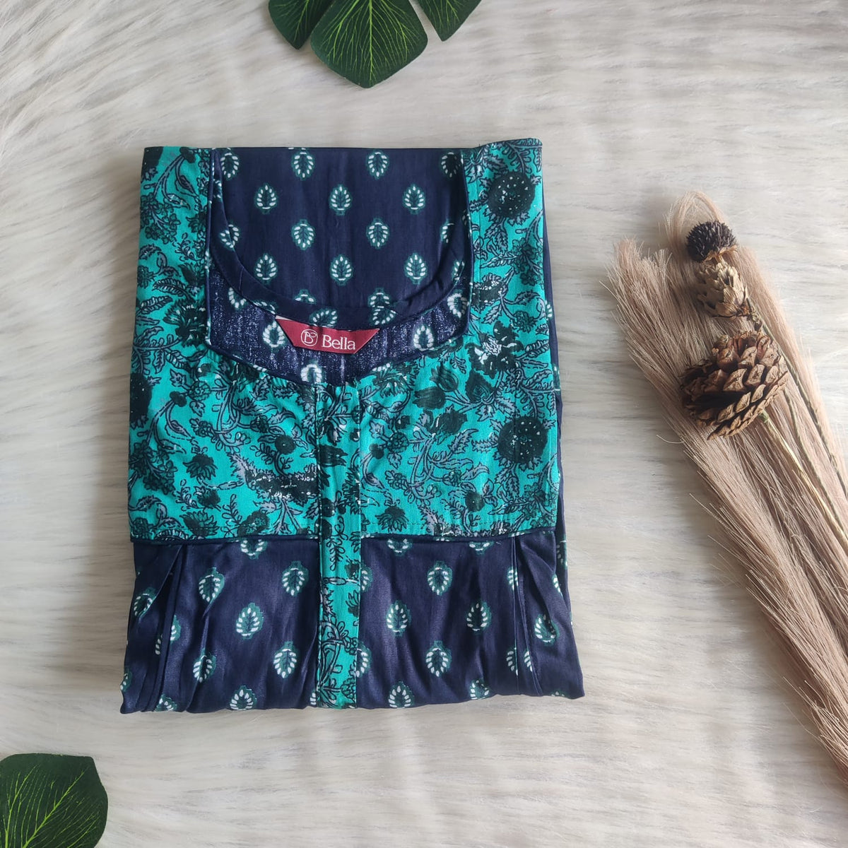 Green And Navy Blue Printed Premium Cotton Pleated Vertical Zip Feeding Nighty | Free Size | Chest Width 44″| Length 54″-56″