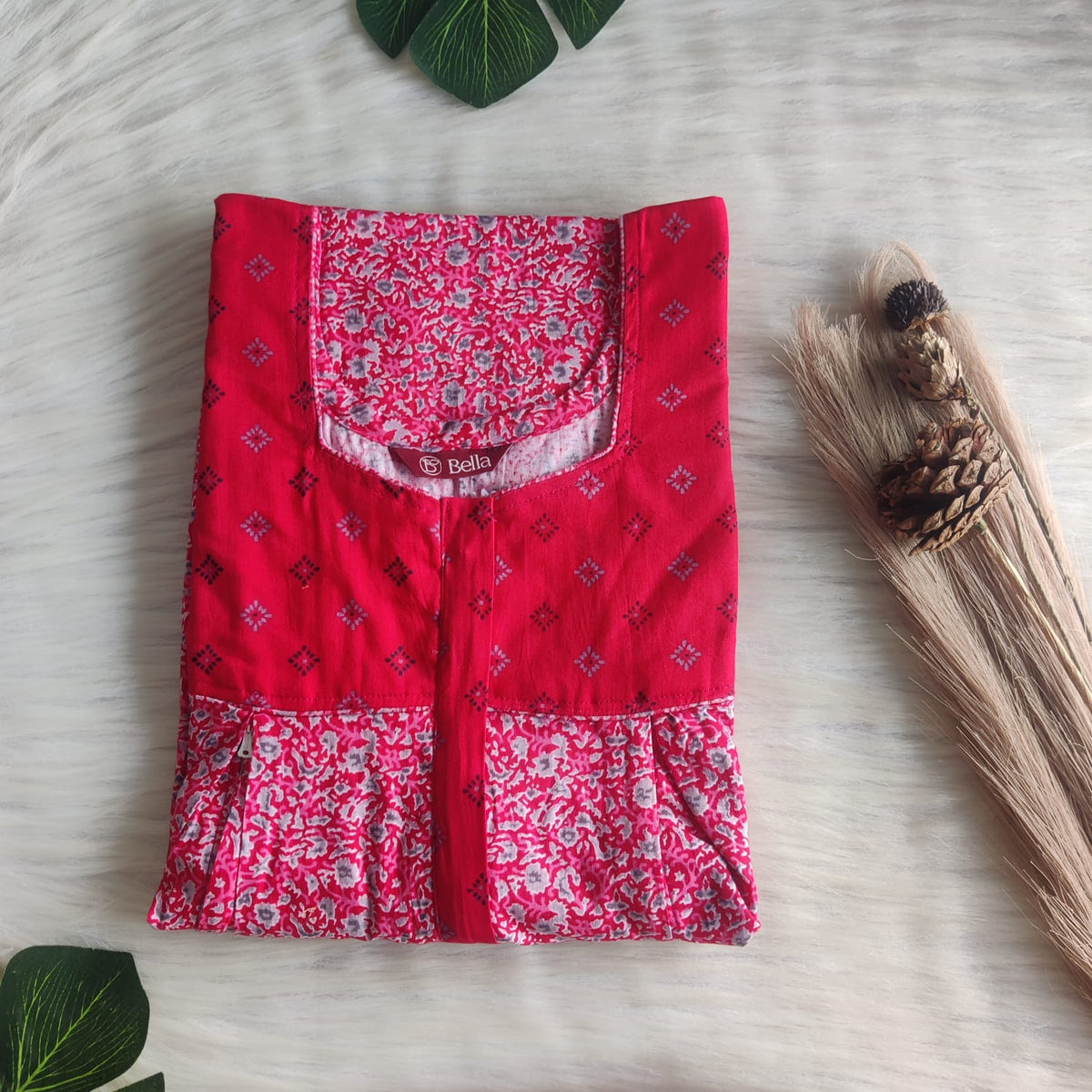Red And Grey Printed Premium Cotton Pleated Vertical Zip Feeding Nighty | Free Size | Chest Width 44″| Length 54″-56″