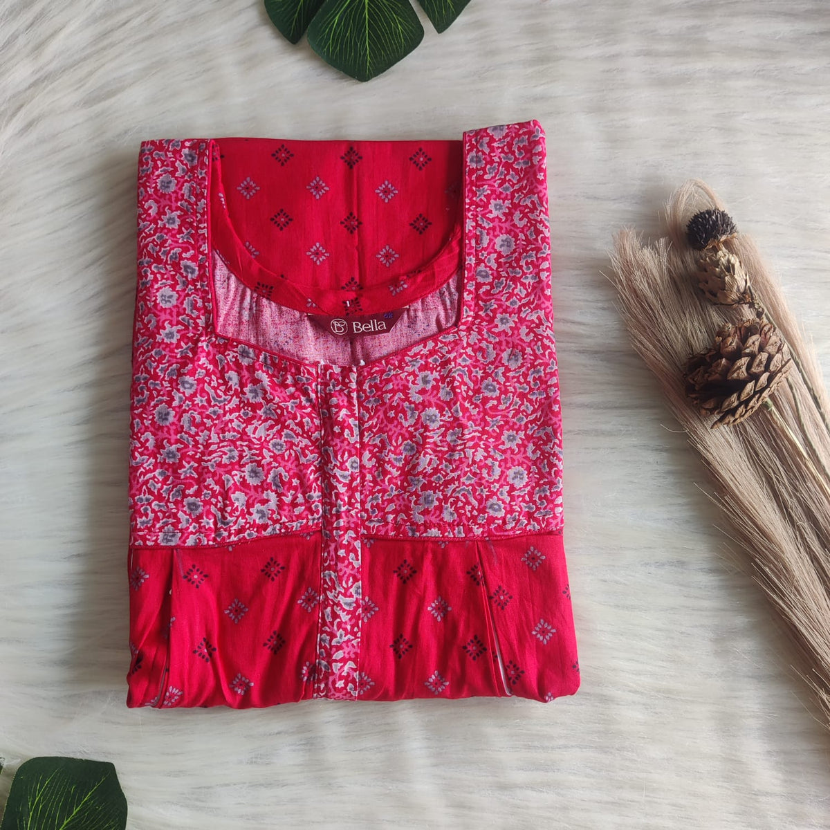 Grey And Red Printed Premium Cotton Pleated Vertical Zip Feeding Nighty | Free Size | Chest Width 44″| Length 54″-56″