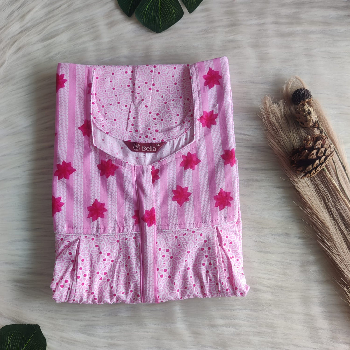 Pink And White Printed Premium Cotton Pleated Vertical Zip Feeding Nighty | Free Size | Chest Width 44″| Length 54″-56″