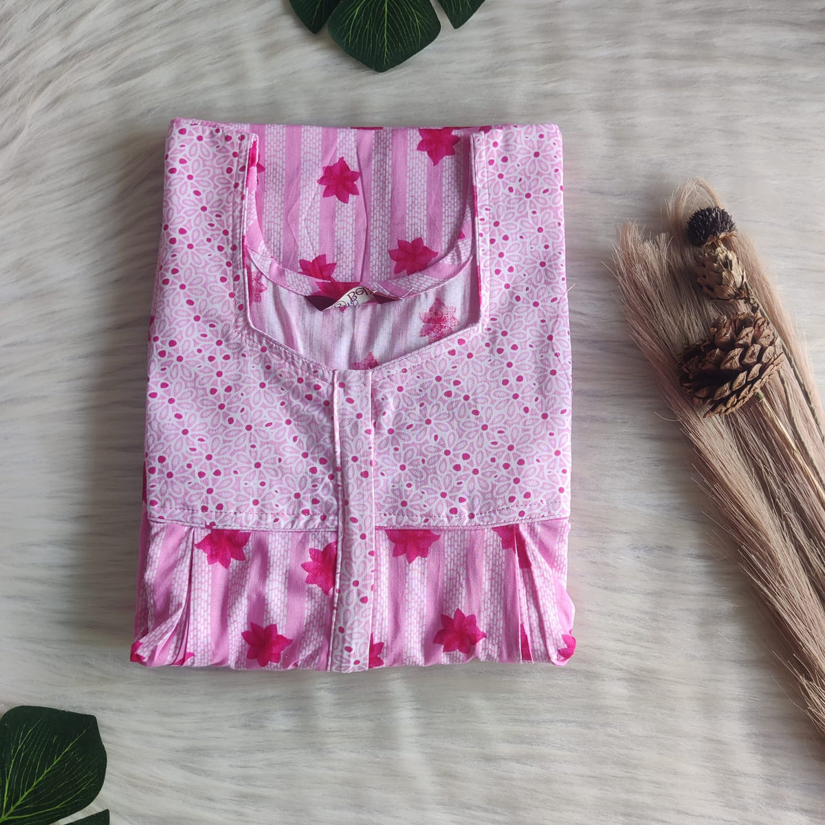 White And Pink Floral Printed Premium Cotton Pleated Vertical Zip Feeding Nighty | Free Size | Chest Width 44″| Length 54″-56″