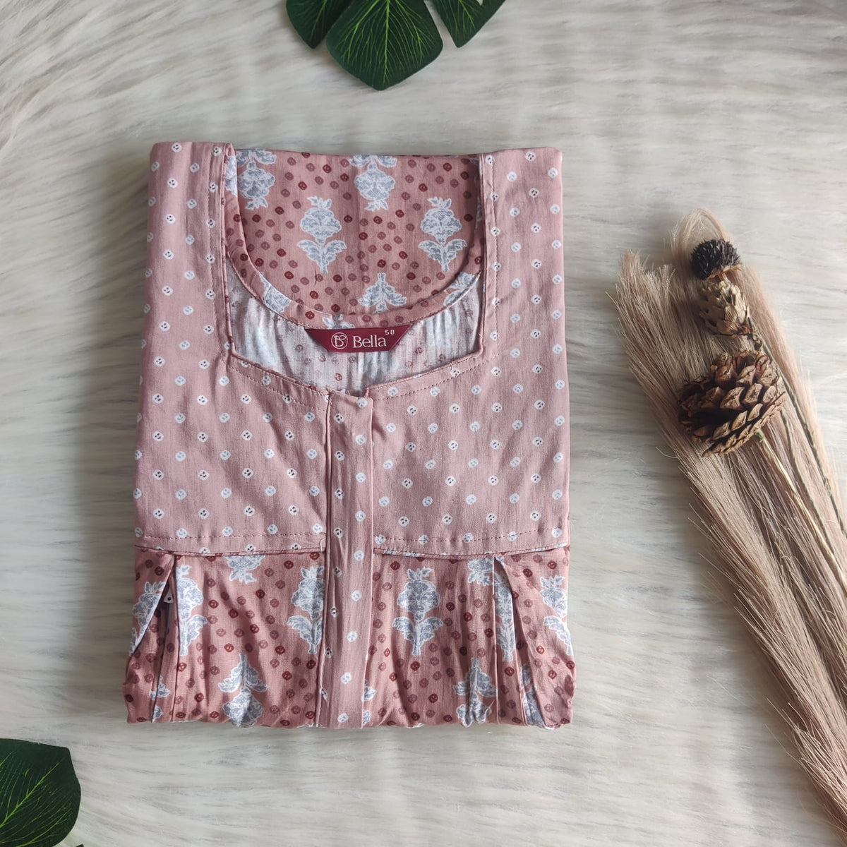 Pale Brown And Grey Printed Premium Cotton Pleated Vertical Zip Feeding Nighty | Free Size | Chest Width 44″| Length 54″-56″