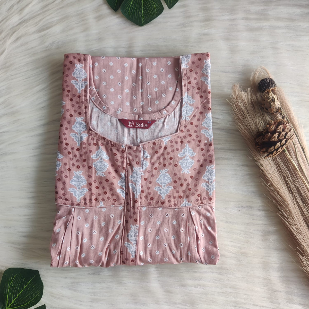 Grey And Pale Brown Printed Premium Cotton Pleated Vertical Zip Feeding Nighty | Free Size | Chest Width 44″| Length 54″-56″