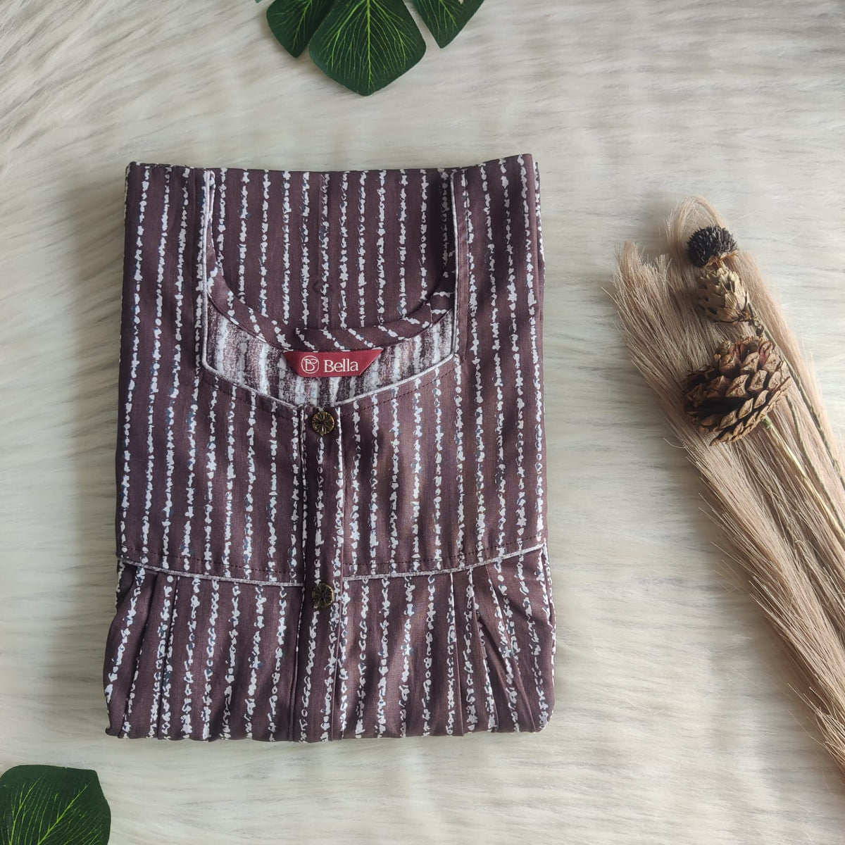 Coffee Brown Printed Premium Cotton Button Zip Nighty | Free Size | Chest Width 44″| Length 55″-56″