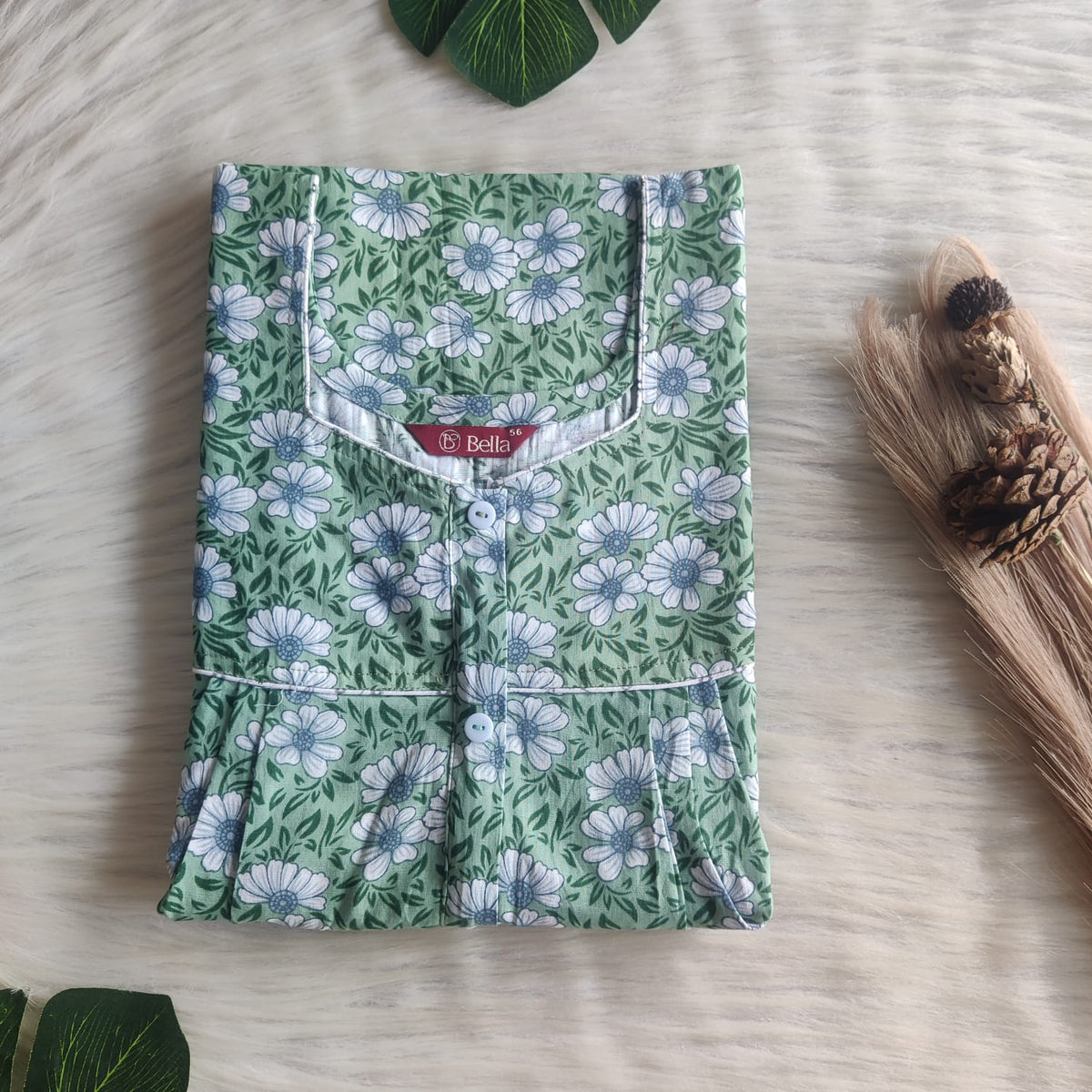 Green Floral Printed Premium Cotton Button Zip Nighty | Free Size | Chest Width 44″| Length 55″-56″