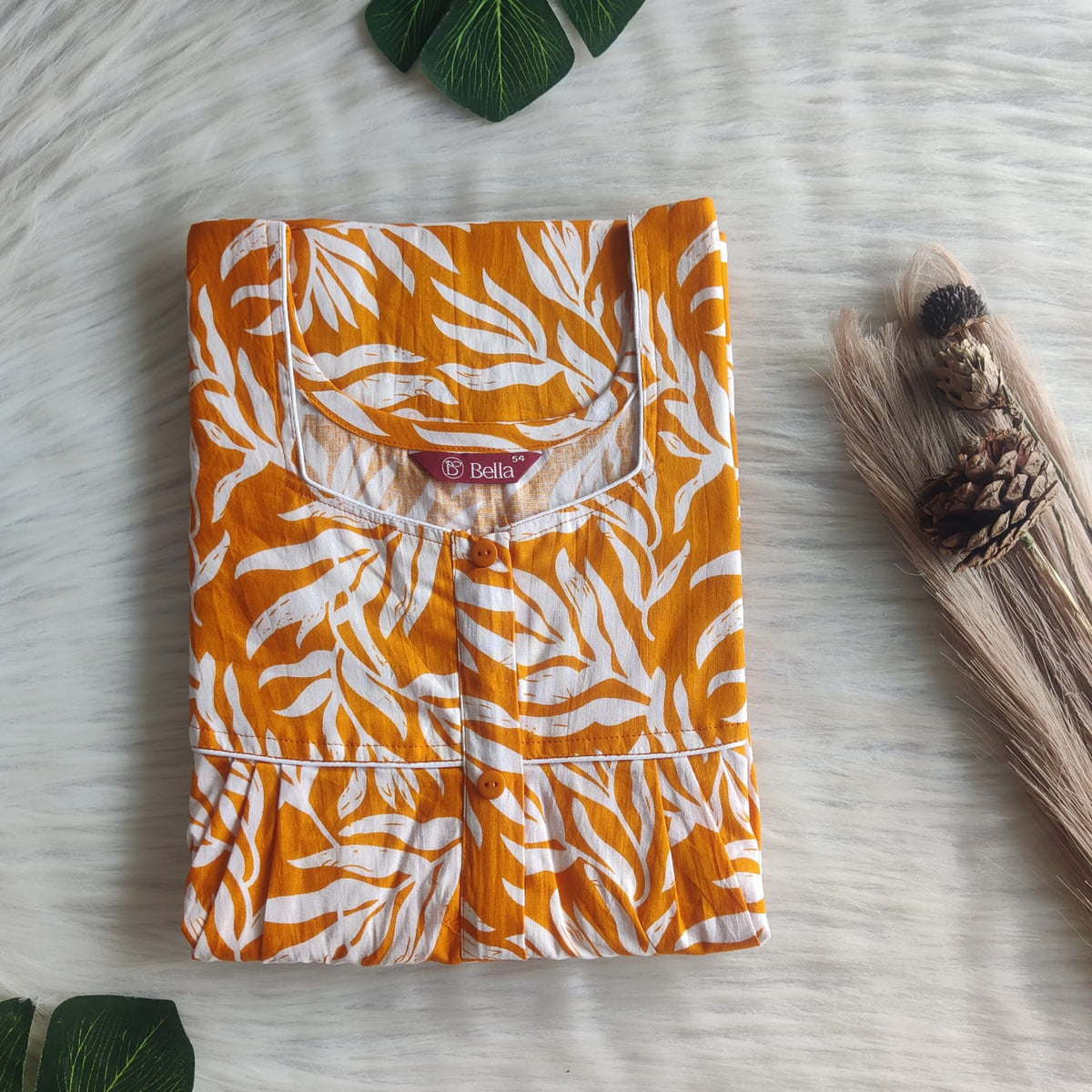 Marigold Orange Leaf Printed Premium Cotton Button Zip Nighty | Free Size | Chest Width 44″| Length 55″-56″