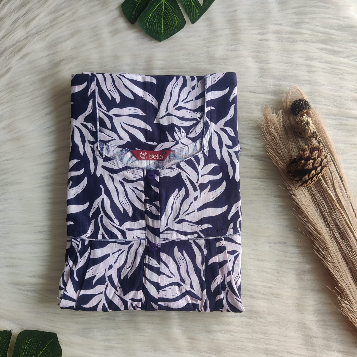 Navy Blue Leaf Printed Premium Cotton Button Zip Nighty | Free Size | Chest Width 44″| Length 55″-56″