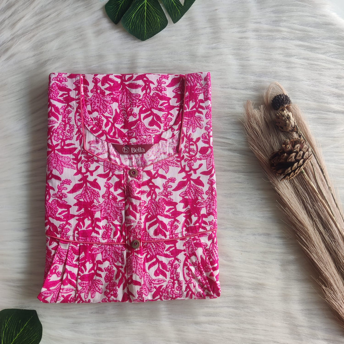 Pink Floral Printed Premium Cotton Button Zip Nighty | Free Size | Chest Width 44″| Length 55″-56″