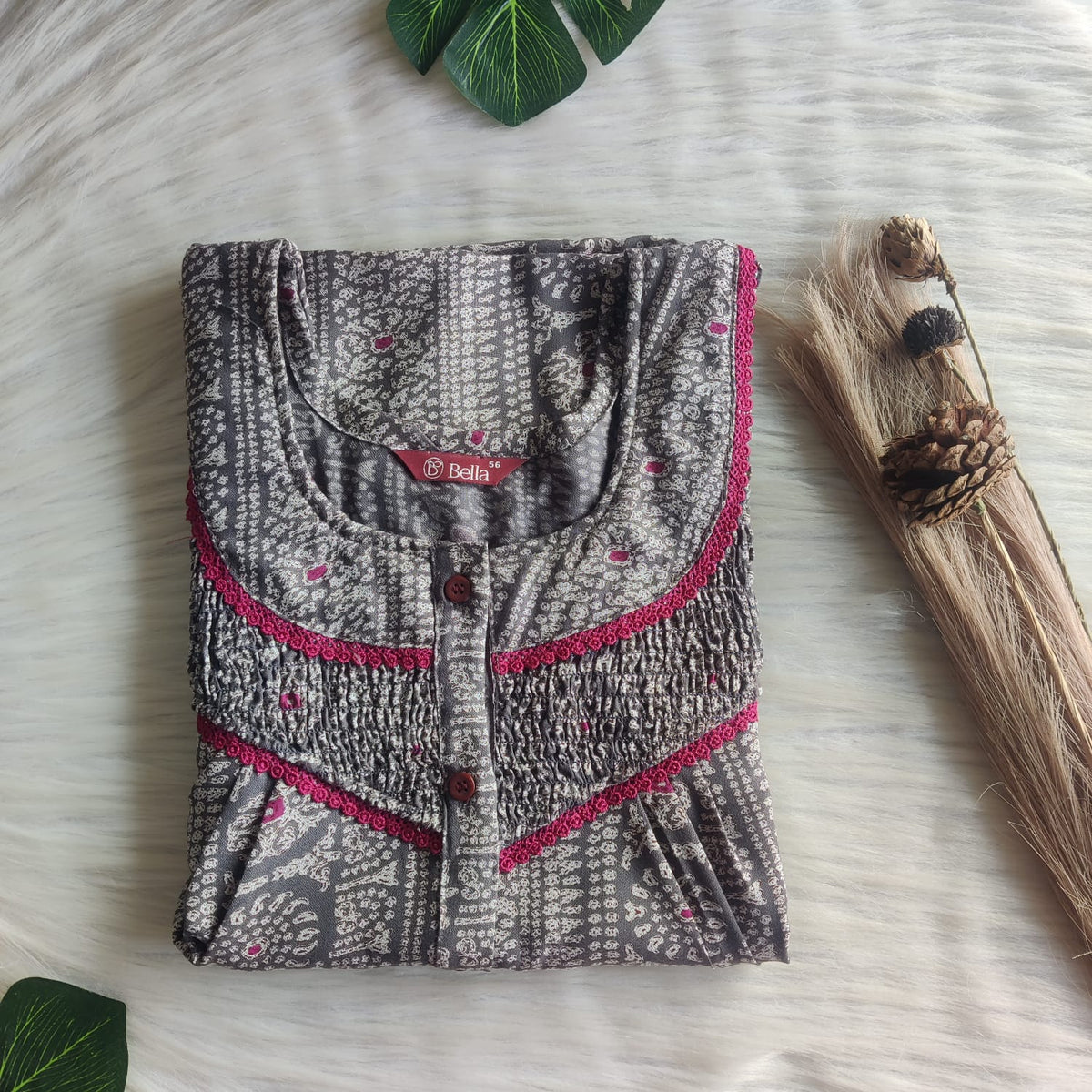 Grey Printed Alfine Smoke Lace Button Nighty | Free Size | Chest Width 44″| Length 54″-56″