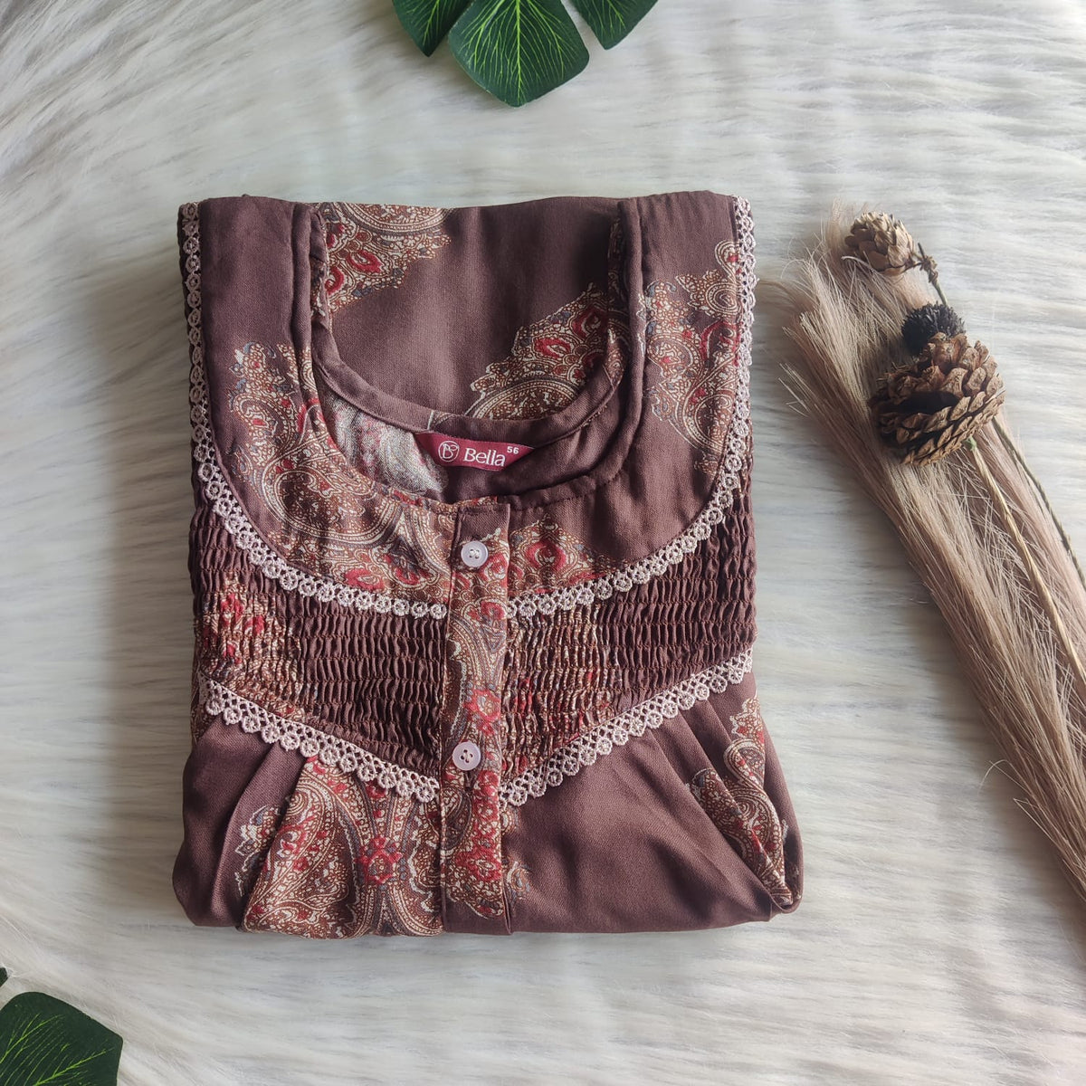 Brown Printed Alfine Smoke Lace Button Nighty | Free Size | Chest Width 44″| Length 54″-56″