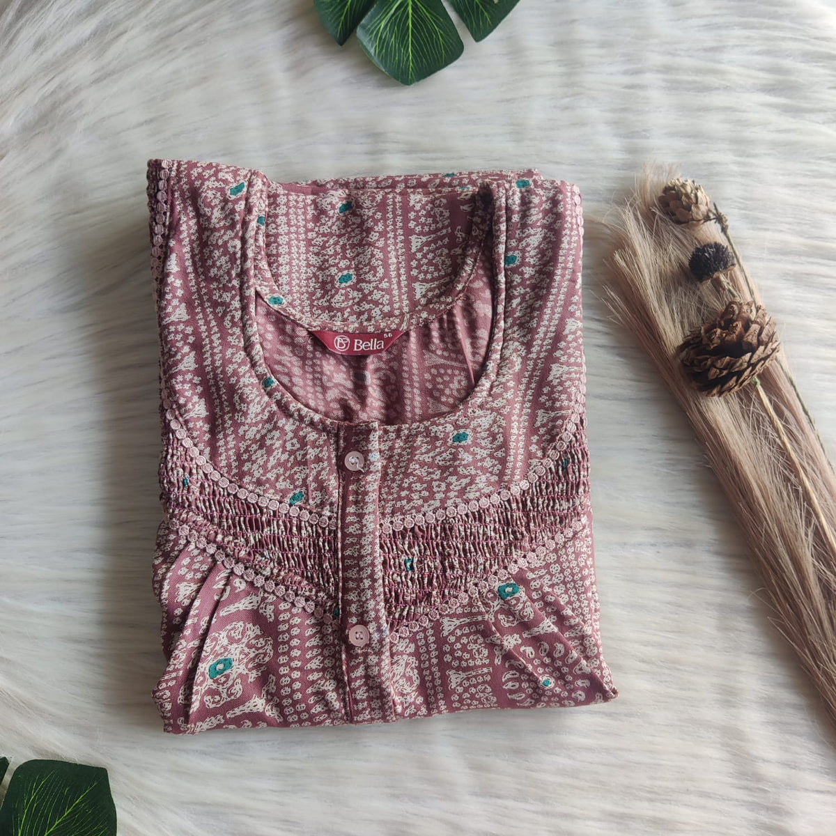 Pastel Brown Printed Alfine Smoke Lace Button Nighty | Free Size | Chest Width 44″| Length 54″-56″