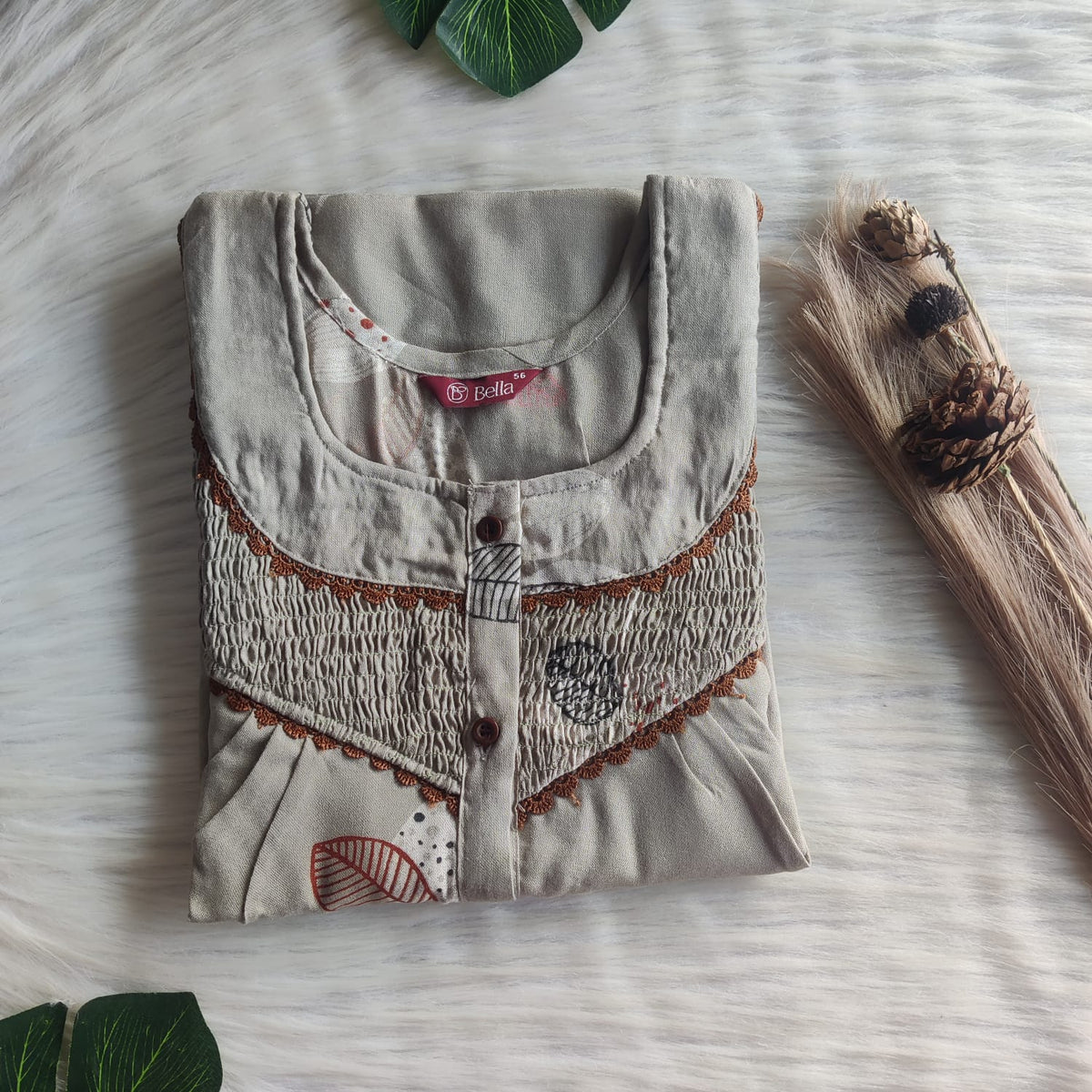 Pastel Green Printed Alfine Smoke Lace Button Nighty | Free Size | Chest Width 44″| Length 54″-56″