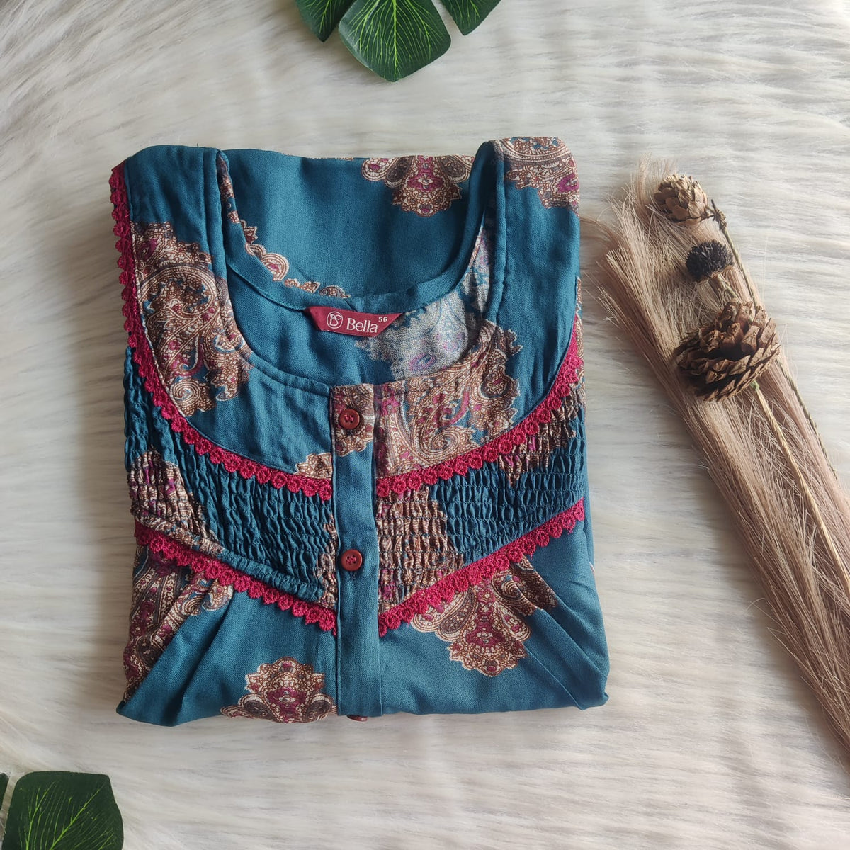 Blue Printed Alfine Double Lace Button Nighty | Free Size | Chest Width 44″| Length 54″-56″