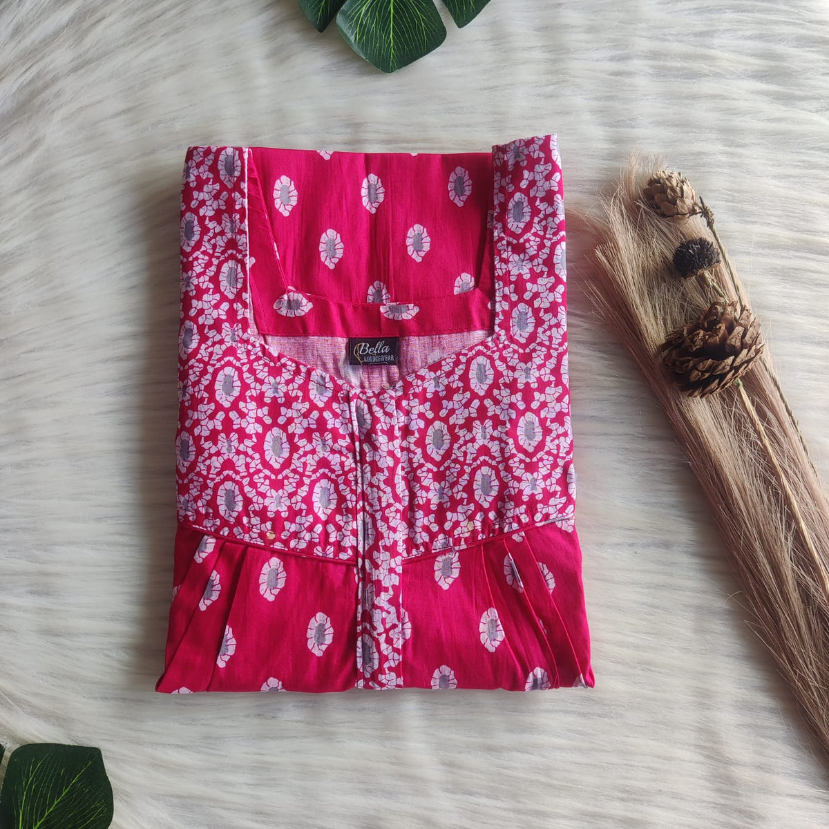 White And Pink Printed Premium Cotton Square Neck Pleated Nighty | Free Size | Chest Width 44″| Length 55″-56″