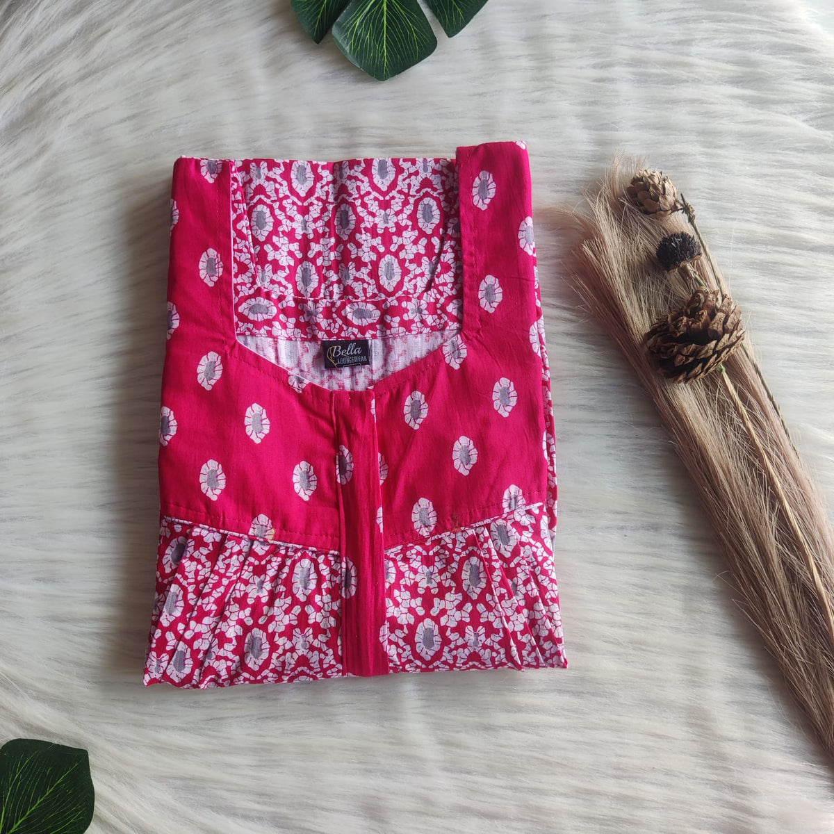 Pink And White Printed Premium Cotton Square Neck Pleated Nighty | Free Size | Chest Width 44″| Length 55″-56″