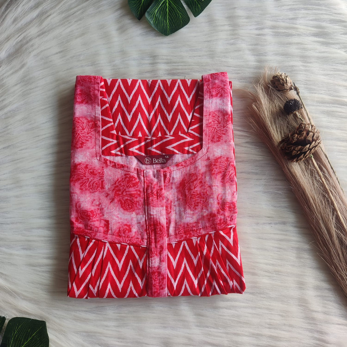 Red And White Printed Premium Cotton Square Neck Pleated Nighty | Free Size | Chest Width 44″| Length 55″-56″