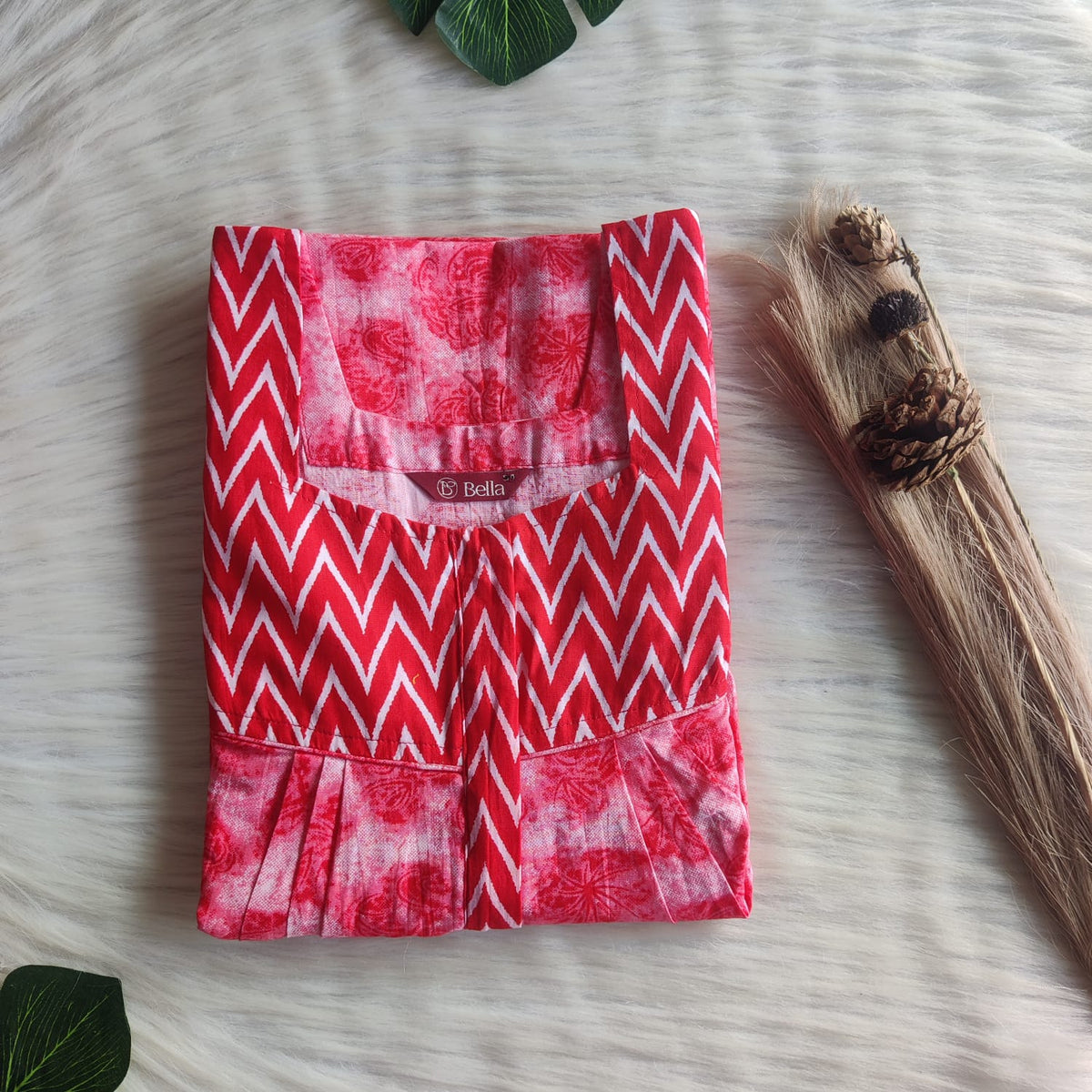 White And Red Printed Premium Cotton Square Neck Pleated Nighty | Free Size | Chest Width 44″| Length 55″-56″