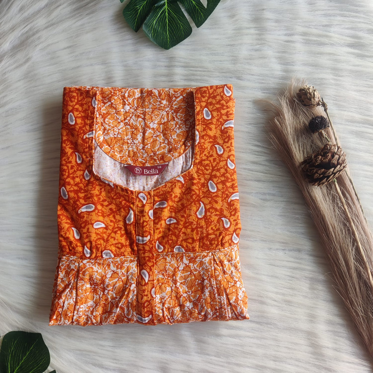 Dark And Pale Orange Printed Premium Cotton Pleated Vertical Zip Feeding Nighty | Free Size | Chest Width 44″| Length 54″-56″