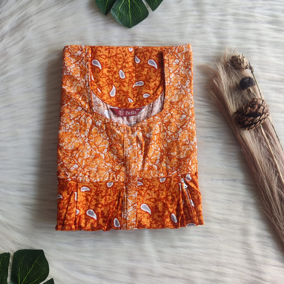 Pale And Dark Orange Printed Premium Cotton Pleated Vertical Zip Feeding Nighty | Free Size | Chest Width 44″| Length 54″-56″
