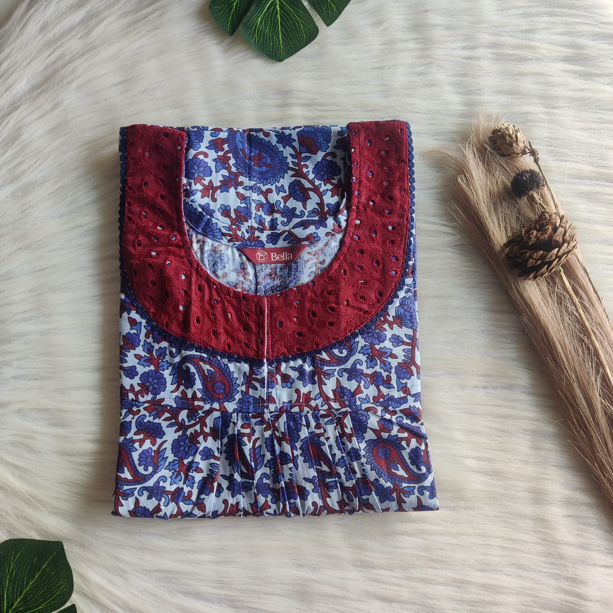 Blue And Maroon Printed Premium Cotton Hakoba Lace Nighty | Free Size | Chest Width 44″| Length 54″-56″