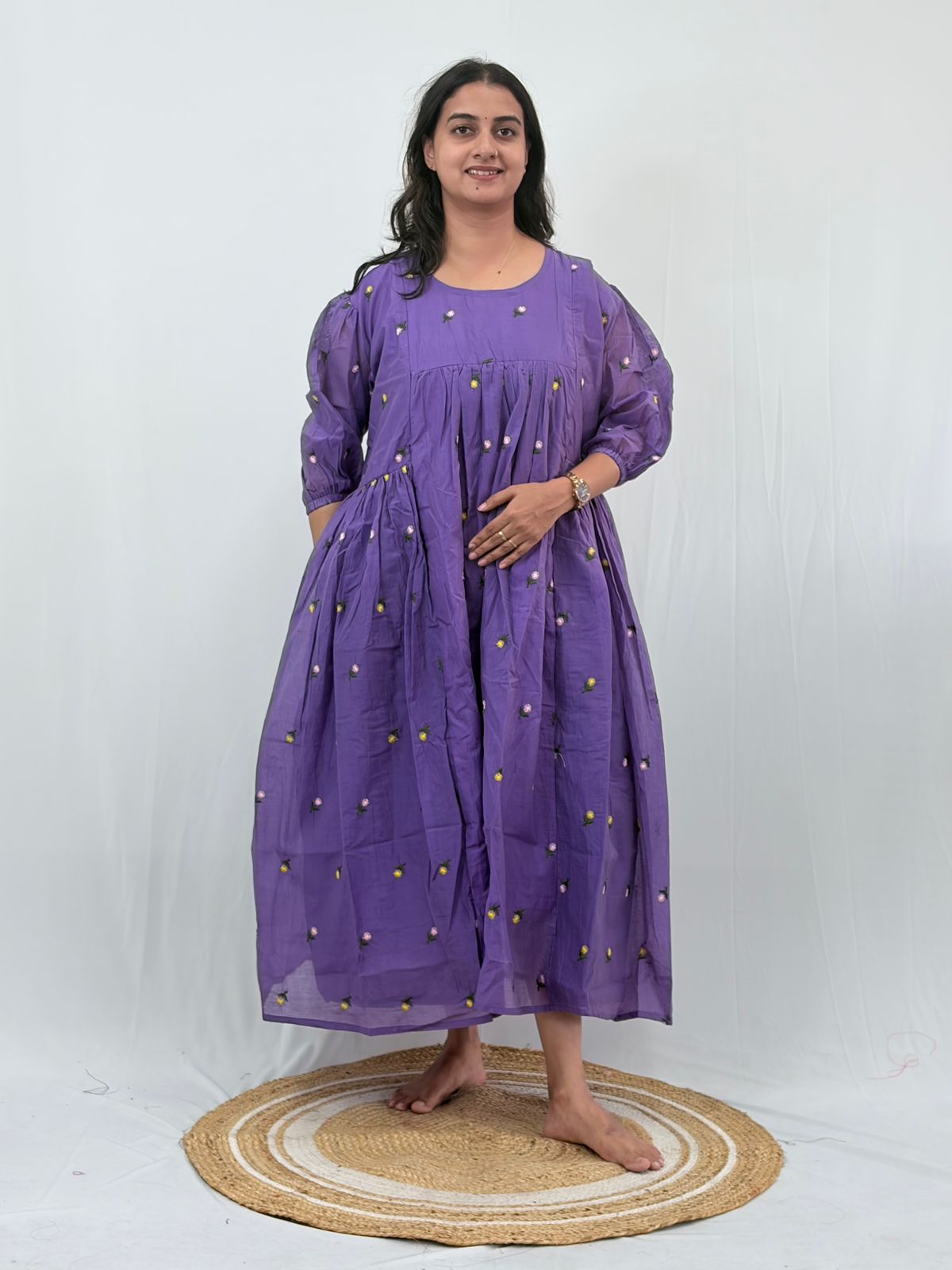 Violet Floral Embroidered Mul Chanderi Feeding Kurti With Two Side Invisible Zip | Free Size | 46" length