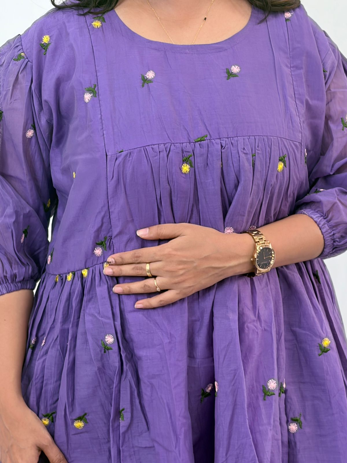 Violet Floral Embroidered Mul Chanderi Feeding Kurti With Two Side Invisible Zip | Free Size | 46" length