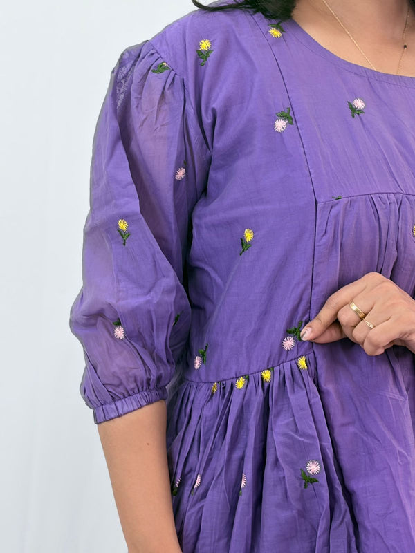 Violet Floral Embroidered Mul Chanderi Feeding Kurti With Two Side Invisible Zip | Free Size | 46" length