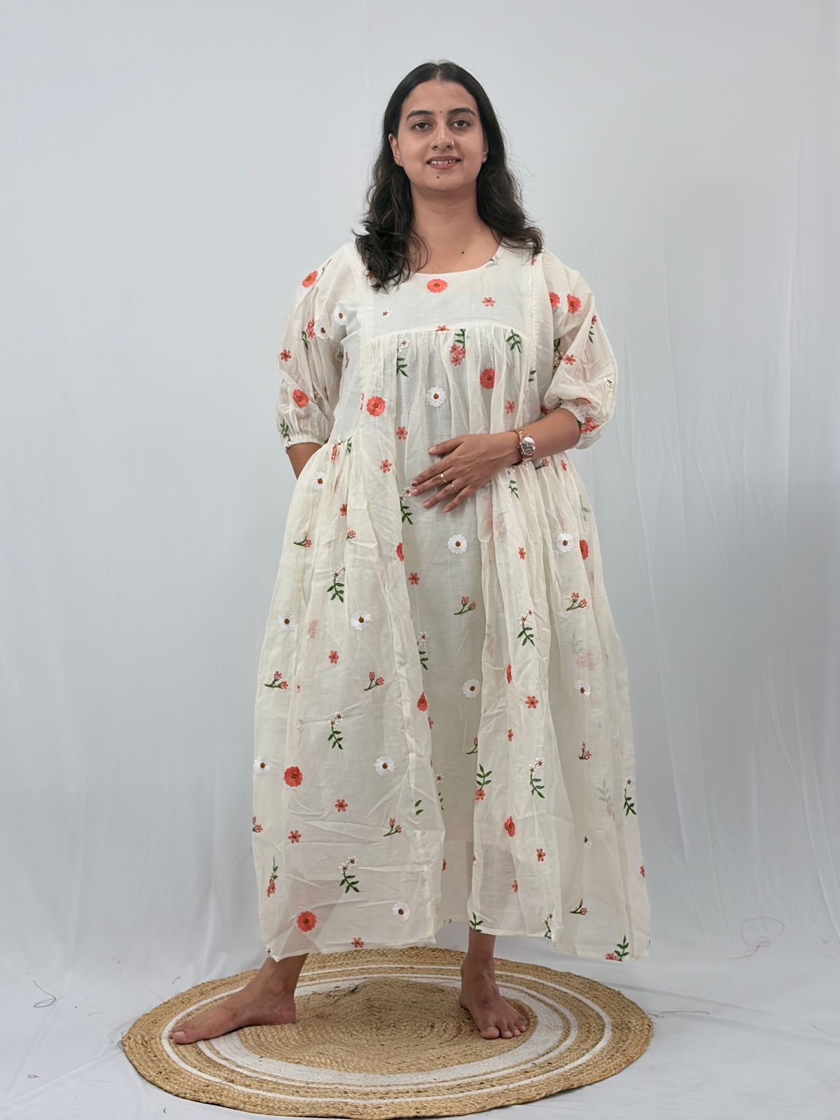 White Floral Embroidered Mul Chanderi Feeding Kurti With Two Side Invisible Zip | Free Size | 46" length