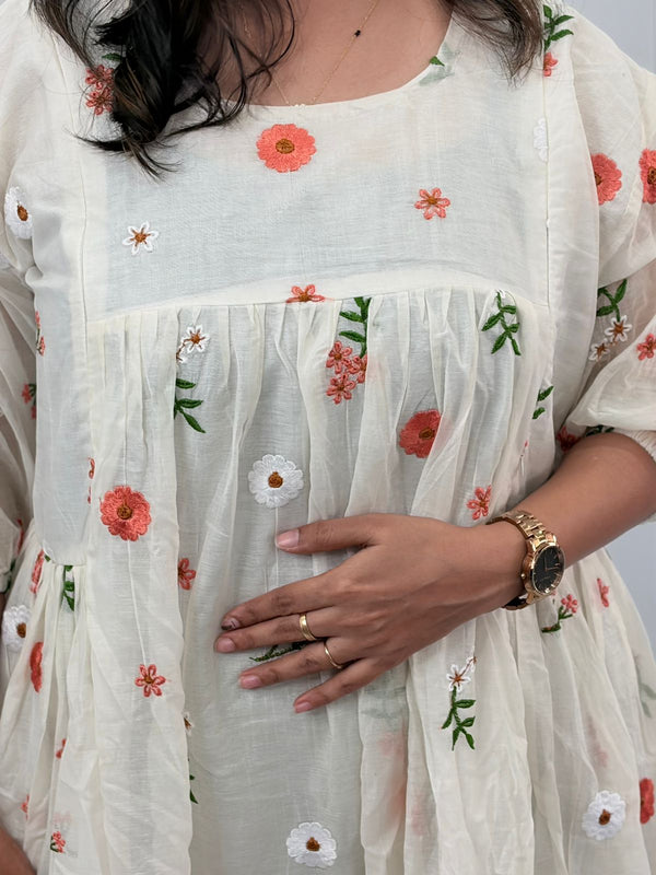 White Floral Embroidered Mul Chanderi Feeding Kurti With Two Side Invisible Zip | Free Size | 46" length